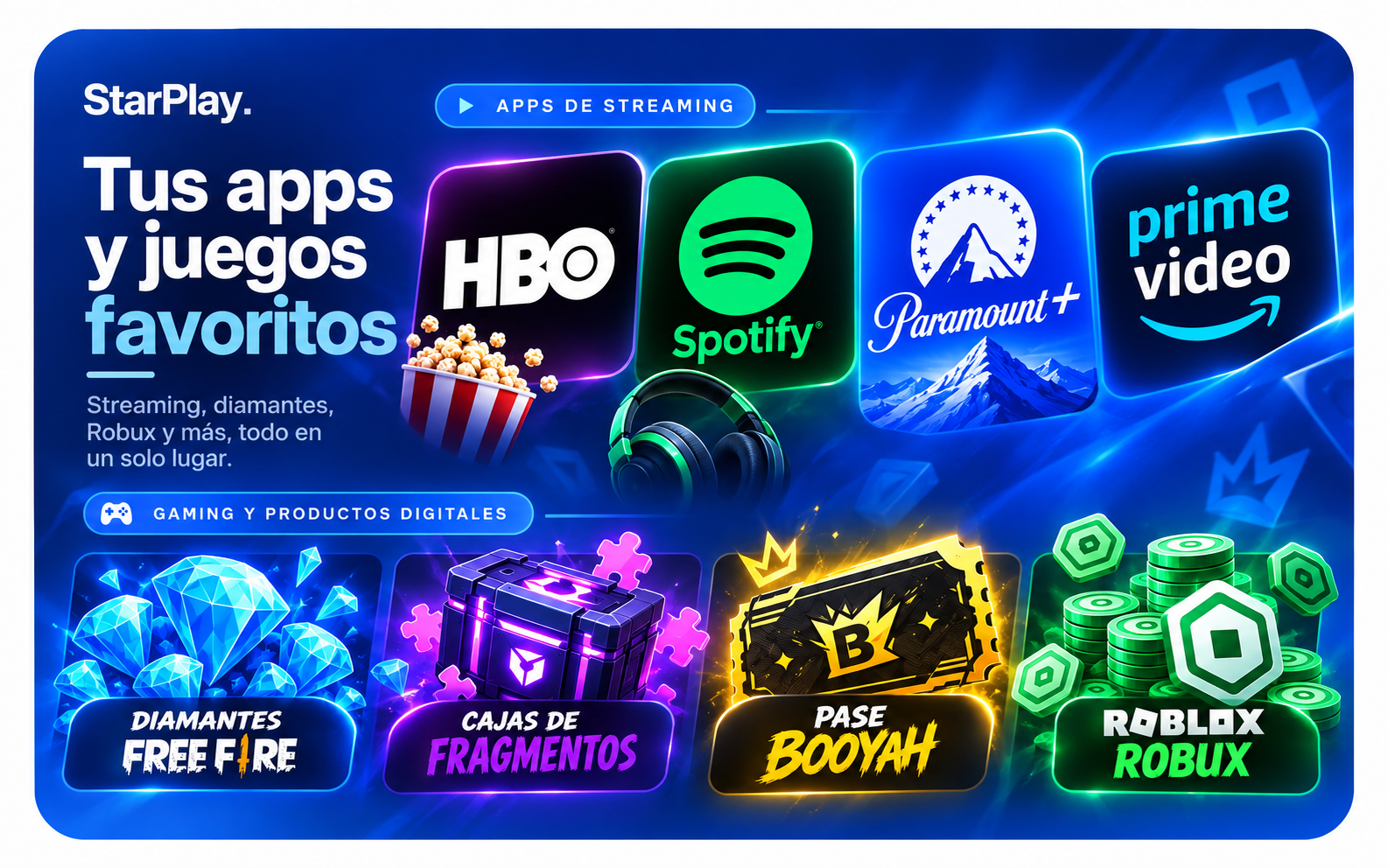StarPlay: apps de streaming, diamantes de Free Fire, cajas de fragmentos, pase Booyah y Robux